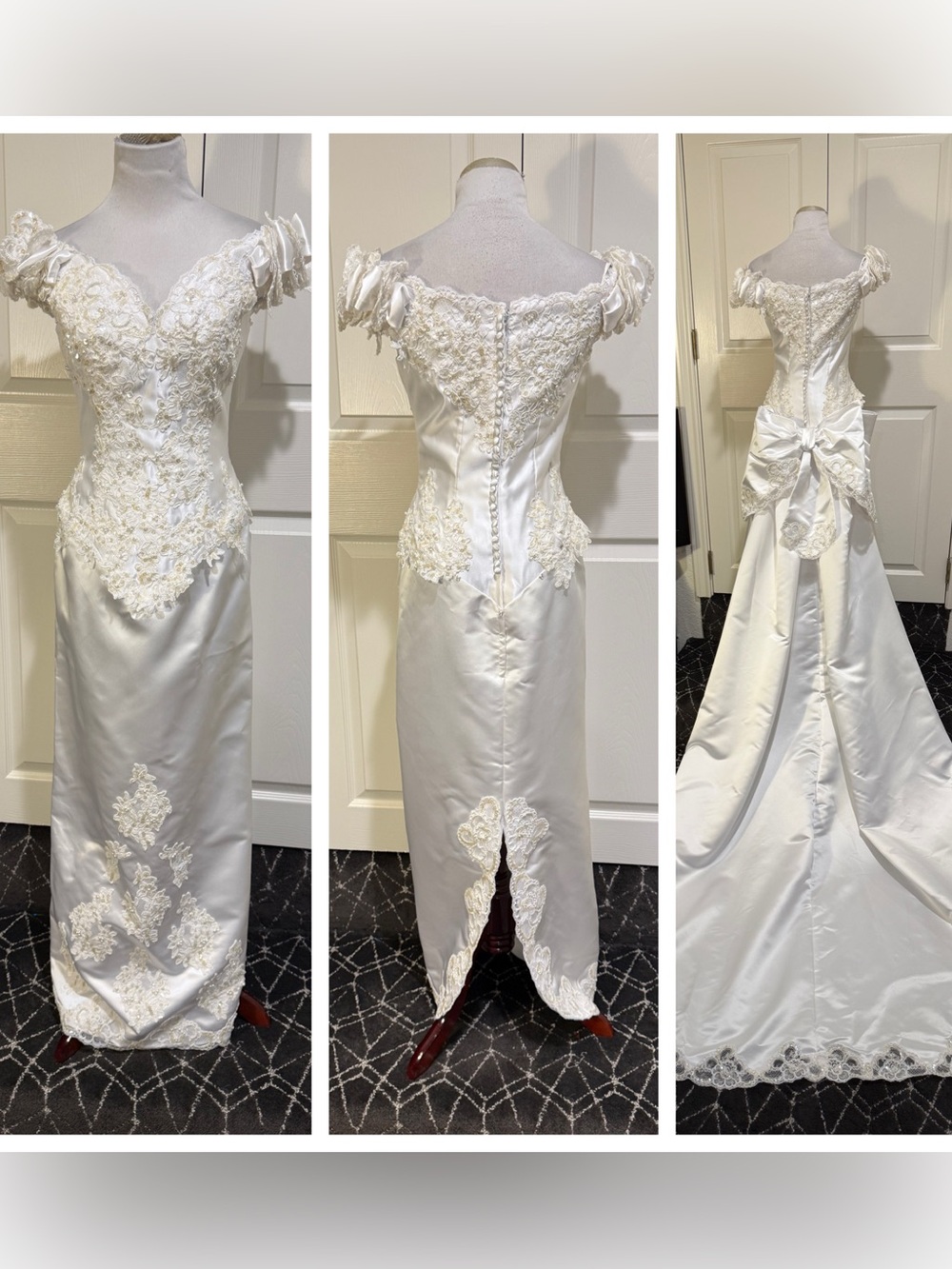 Vintage 80s 90s Satin Lace Beaded Wedding Dress Detachable Train Bow